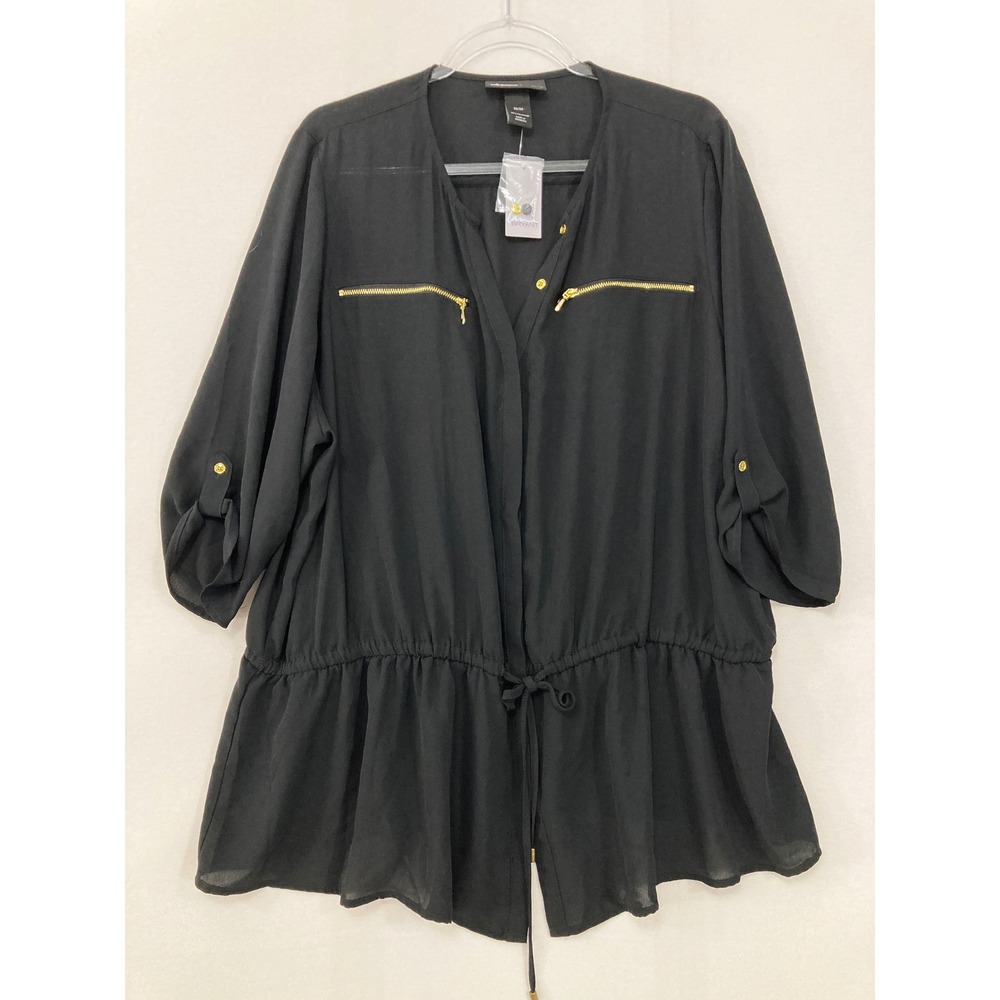 New Lane Bryant Peplum Blouse‎ size 22/24 Black Drawstring Waist Gold Zipper Top